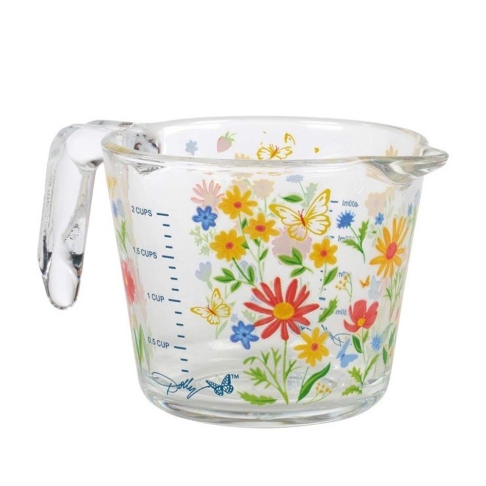 NEW 🦋 Dolly Parton 🦋 Clear Glass Measuring Cup‎ - Handle Wildflowers